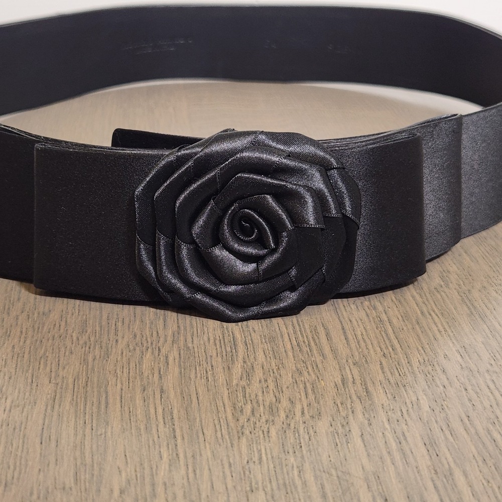 Giorgio Armani Black Satin Rose Flower Statement Belt US 12 36 - 40 In IT 44